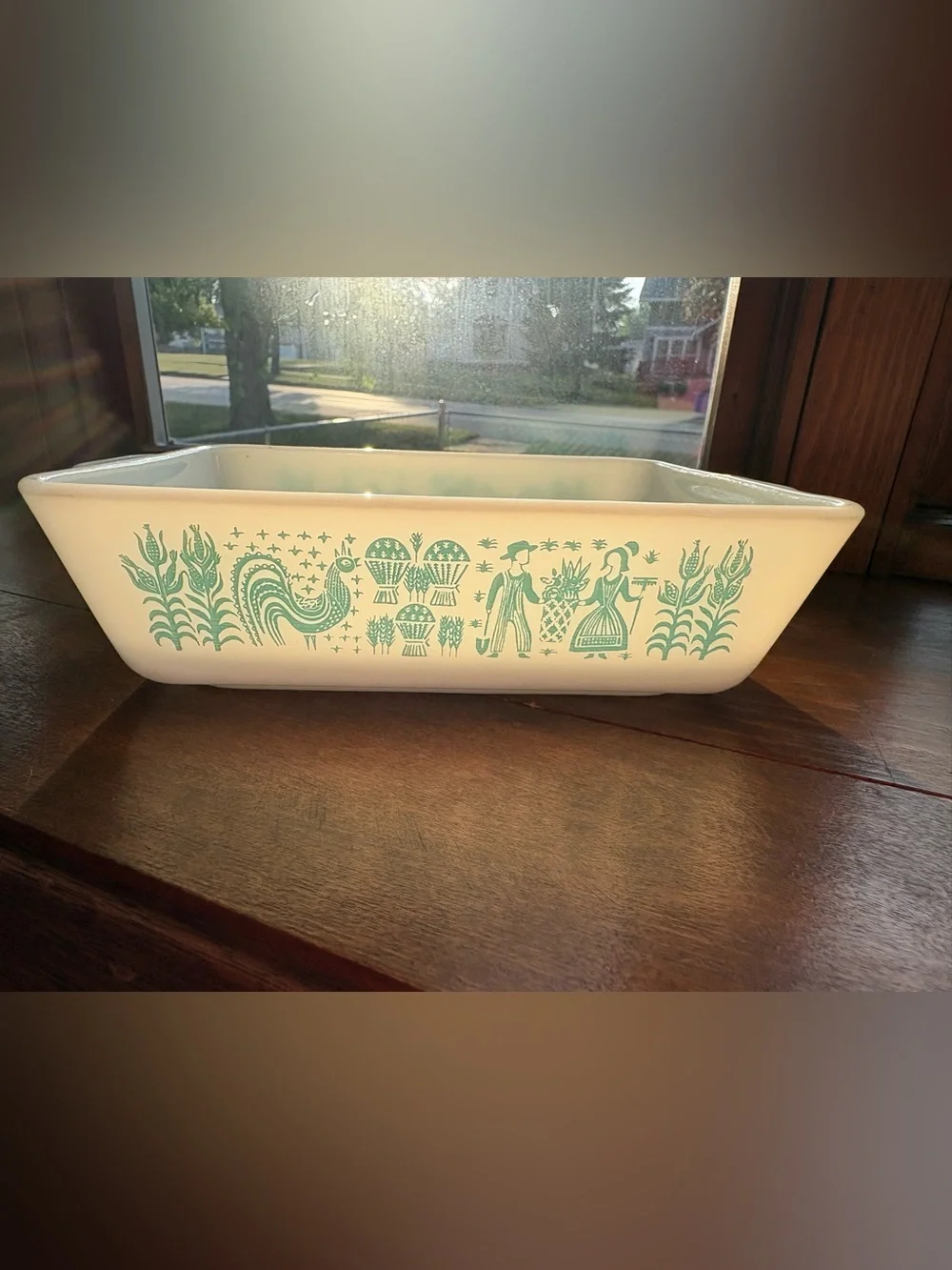 Pyrex White Baking Dish with Turquoise Folk Motif
